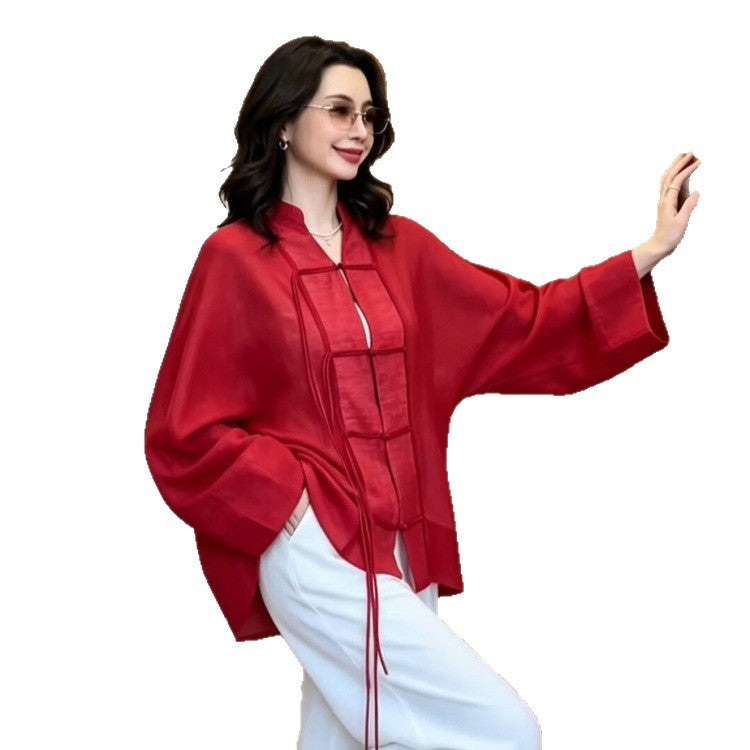 Damen Leinen-Kimonojacke mit weiten Ärmeln, Zierknoten-Grid & Bindegürtel Shop Nory