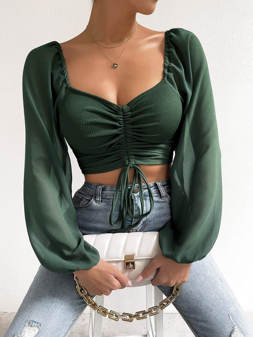 Damen Crop-Top mit strukturiertem Körper und eleganten Puffärmeln
