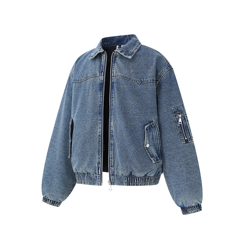 Unisex Boxy Denim‑Blousonjacke mit durchgehendem Reißverschluss, elastischem Saum und Ärmelutilitytasche Shop Nory