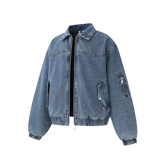Unisex Boxy Denim‑Blousonjacke mit durchgehendem Reißverschluss, elastischem Saum und Ärmelutilitytasche Shop Nory