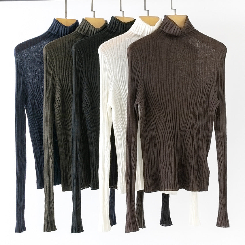 Damen Schlanker Feinstrick-Rollkragenpullover mit wellenförmiger Rippstruktur Shop Nory
