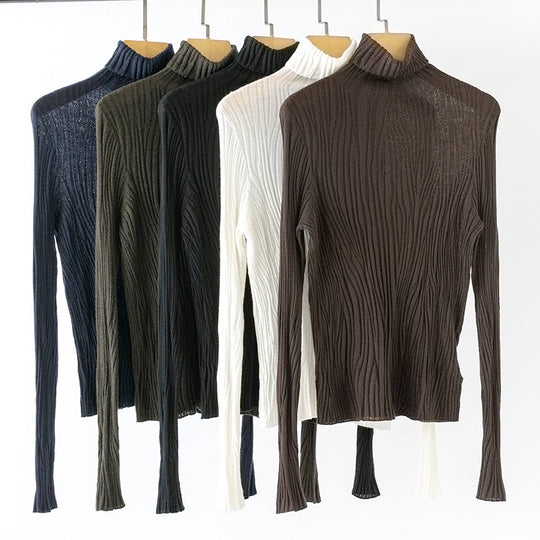 Damen Schlanker Feinstrick-Rollkragenpullover mit wellenförmiger Rippstruktur Shop Nory