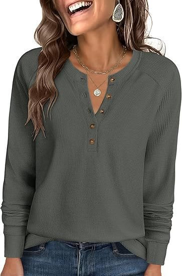 Damen Waffelstrick-Henley-Longsleeve mit Knopfleiste, Raglanärmeln und gerippten Bündchen Shop Nory