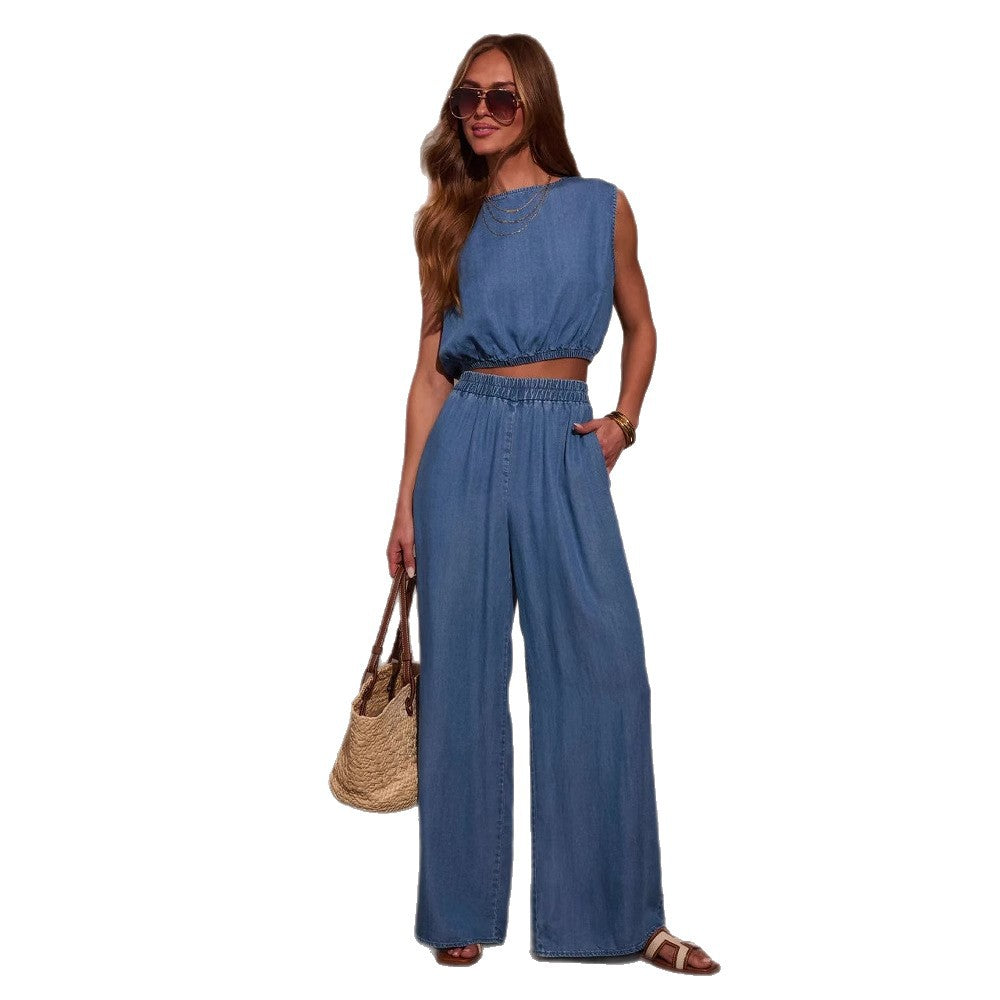 Damen Lässiges Oversized Jeans-Set mit geknotetem Oberteil und weiten Beinen