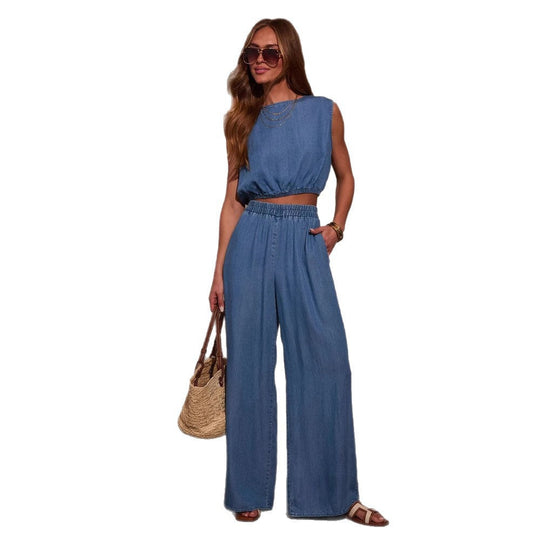 Damen Lässiges Oversized Jeans-Set mit geknotetem Oberteil und weiten Beinen