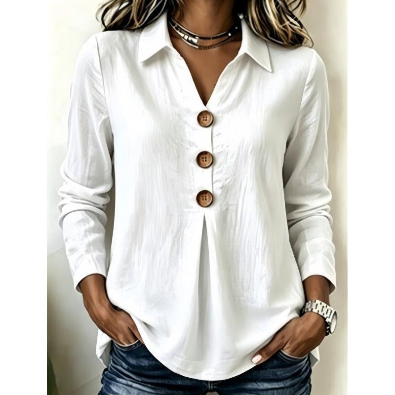 Damen Langarm-Bluse mit Holzknopfleiste und Vorderfalte Shop Nory