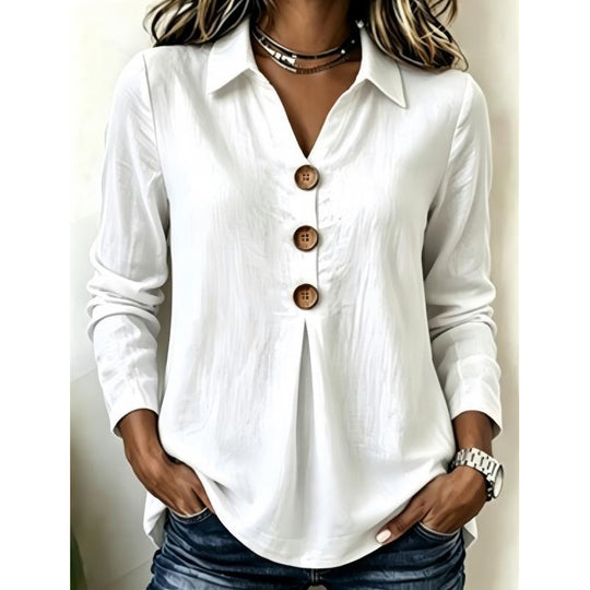 Damen Langarm-Bluse mit Holzknopfleiste und Vorderfalte Shop Nory