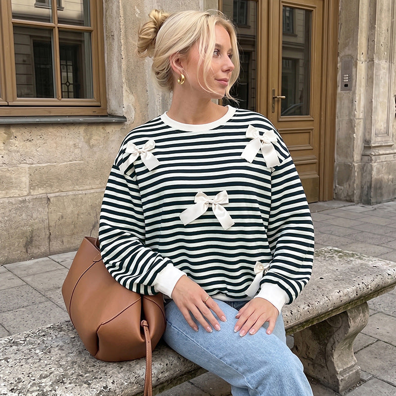 Damen Oversize Baumwoll-Sweatshirt mit maritimen Streifen und Zier-Schleifen Shop Nory