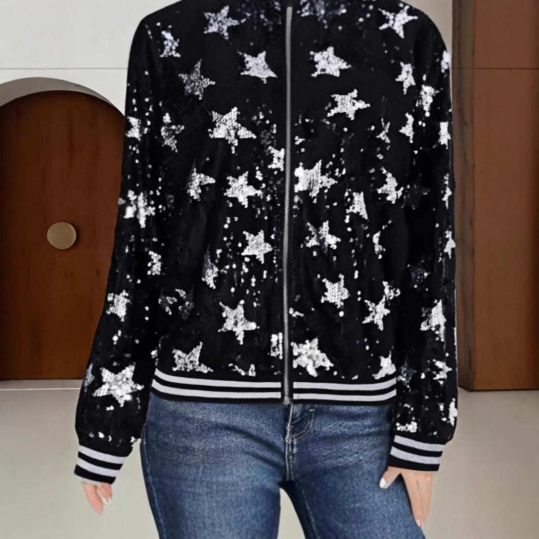 Damen Glitzernde Bomberjacke mit Sternen-Motiv Shopnory