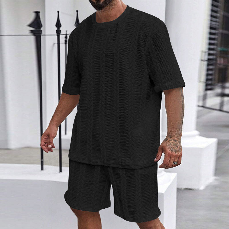 Herren nan entspanntes Zopfstrick-Freizeitset mit weitem Kurzarmshirt und elastischer Bermuda