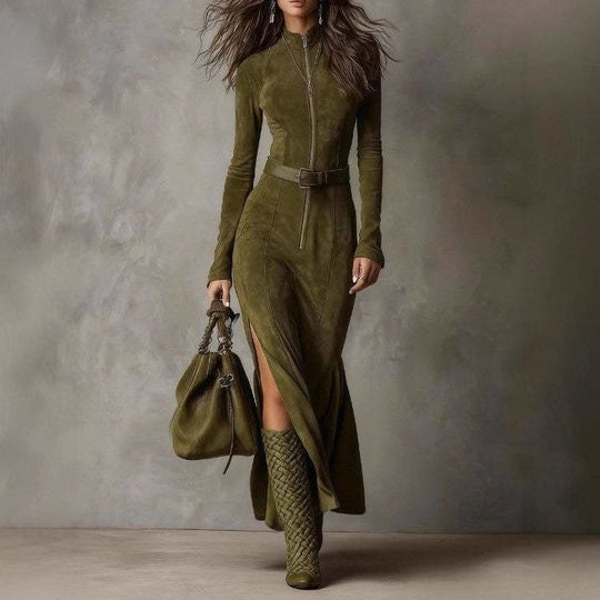 Damen Figurbetontes Midikleid aus Velourslederimitat mit Stehkragen und Zentralem Reißverschluss Shop Nory