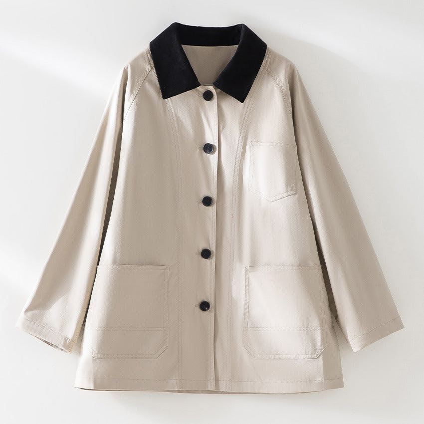 Damen Oversized Baumwoll-Utility-Jacke mit Kontrastkragen und aufgesetzten Taschen Shop Nory