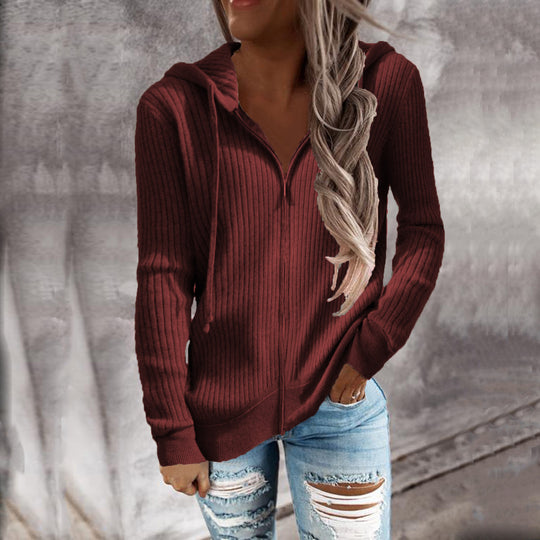 Damen Gerippter Kapuzenpullover mit Reißverschluss und Eingrifftaschen Shop Nory