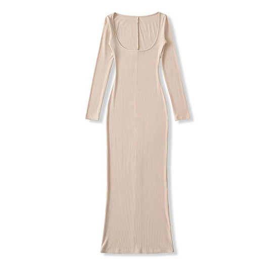 Damen Figurbetontes Maxi-Kleid mit Korsett-Detail, Rippstrick und langen Ärmeln Shop Nory