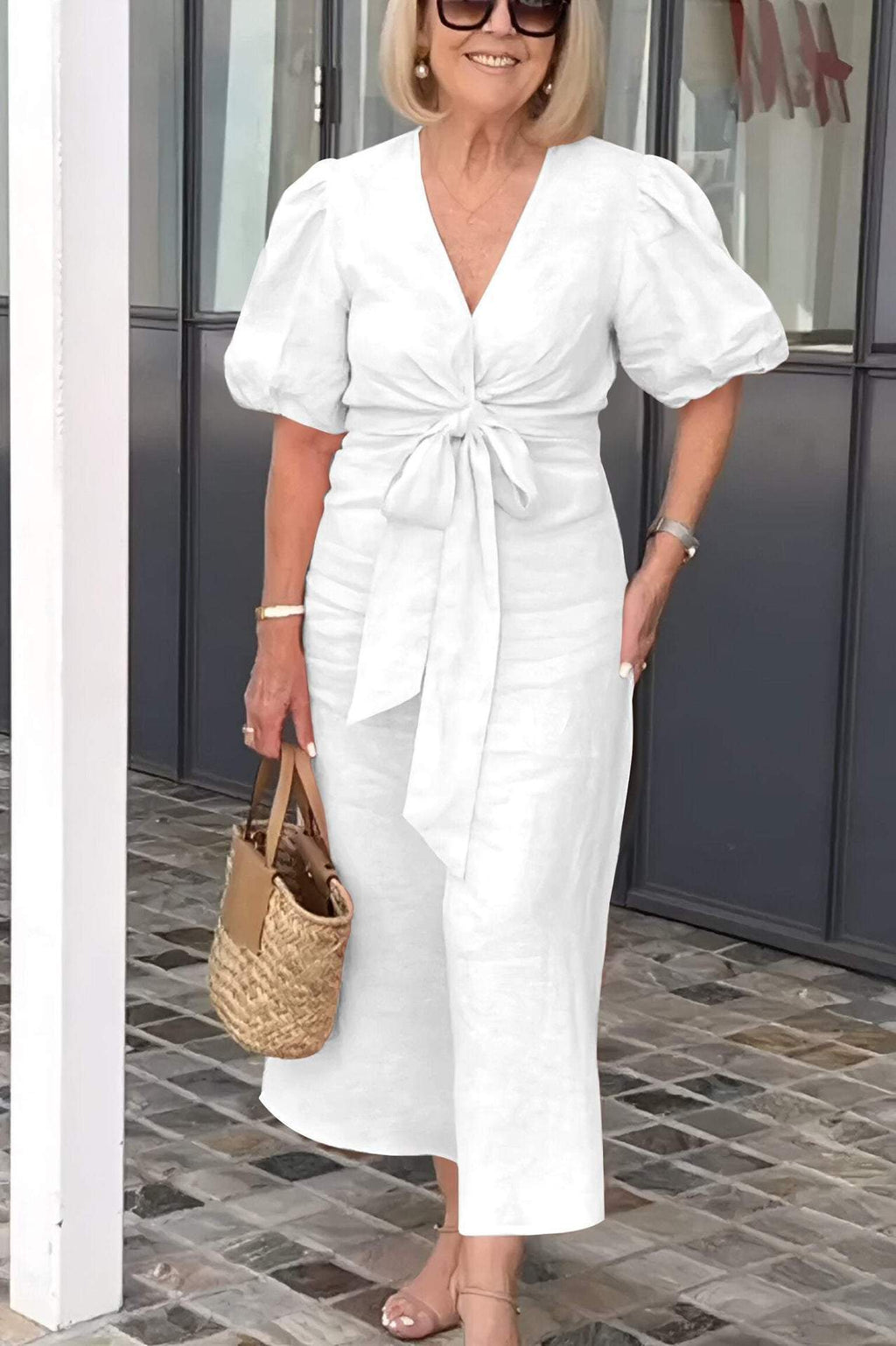 Damen Maxikleid mit eleganten Puffärmeln und Taillenknoten