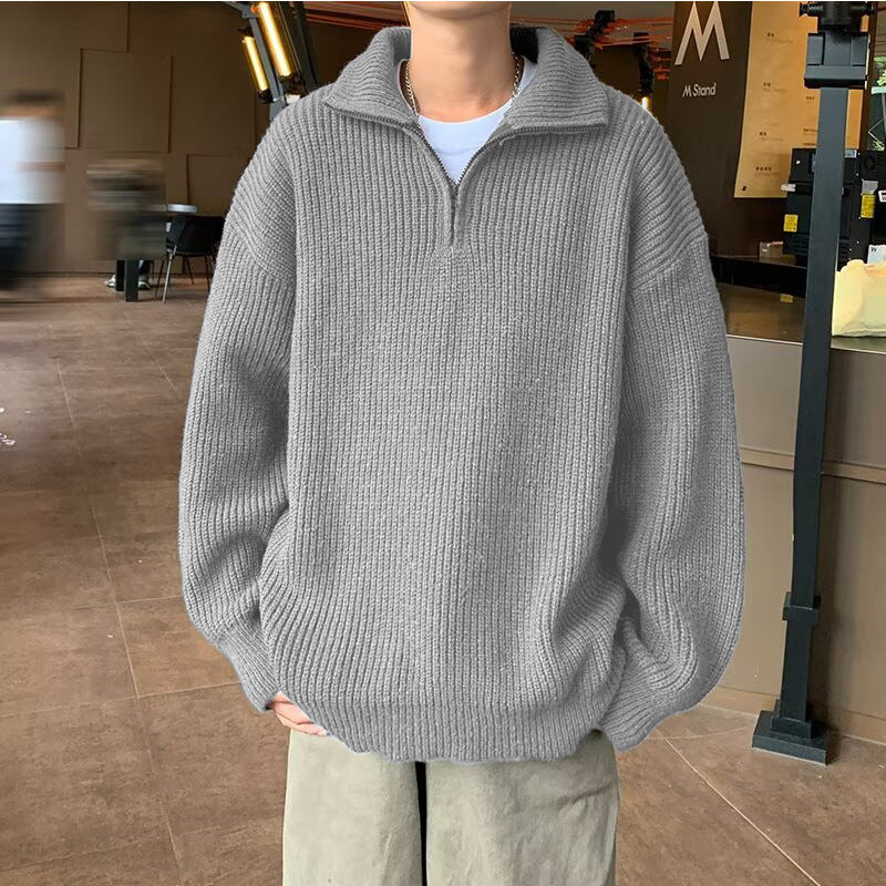 Herren Weicher Oversize-Rippenstrick-Pullover mit verdecktem Halbzip und Polokragen Shop Nory