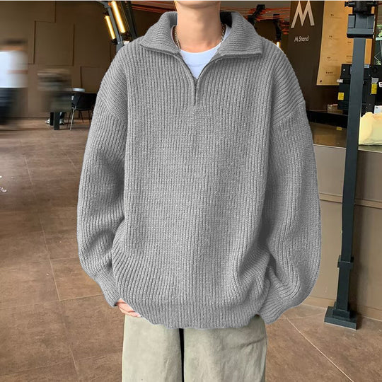 Herren Weicher Oversize-Rippenstrick-Pullover mit verdecktem Halbzip und Polokragen Shop Nory