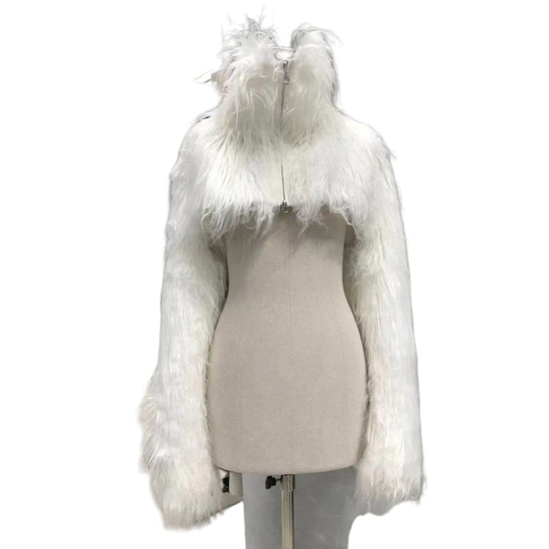 Damen Kurzes langfaseriges Kunstpelz‑Bolero mit extralangen Ärmeln und hohem Stehkragen Shop Nory