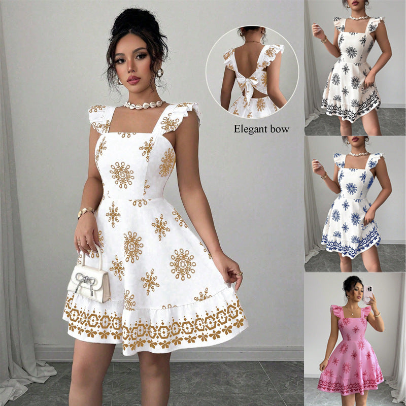 Damen Gestuftes Sommerkleid mit Quadrat-Ausschnitt, Rüschen-Trägern und bestickter A-Linie Shop Nory