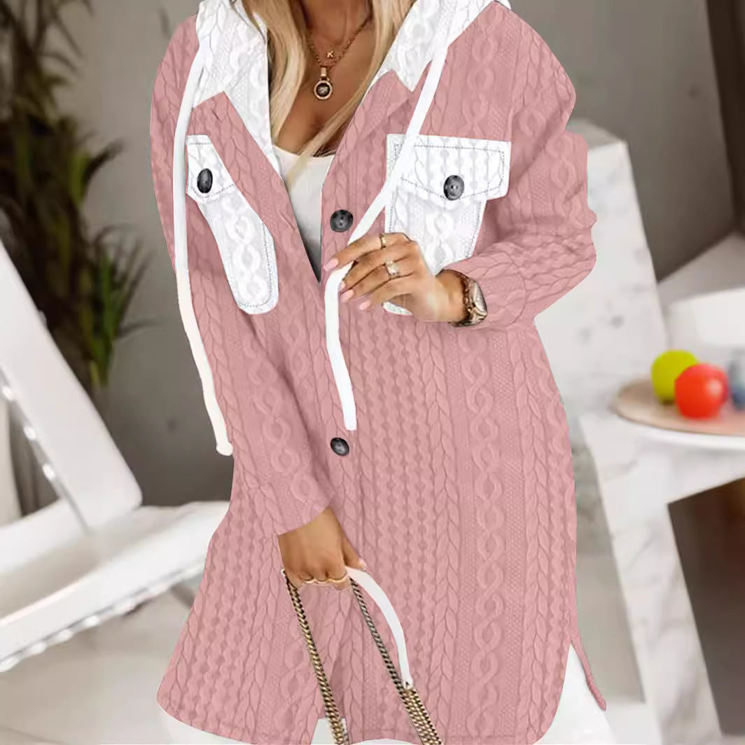 Damen Longline-Strickmantel mit Kapuze, Zierknöpfen und Kontrasttaschen Shop Nory