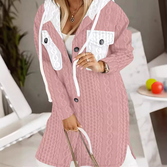 Damen Longline-Strickmantel mit Kapuze, Zierknöpfen und Kontrasttaschen Shop Nory