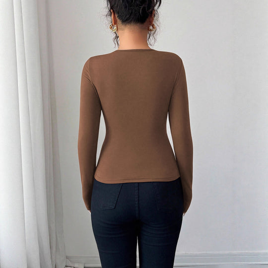 Damen figurbetontes Langarmshirt mit dekorativem Ring-Detail und asymmetrischem Keyhole-Ausschnitt Shop Nory
