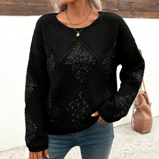 Damen Grobgestrickter Oversize-Pullover mit Ajour‑Rautenmuster und Pailletten Shop Nory