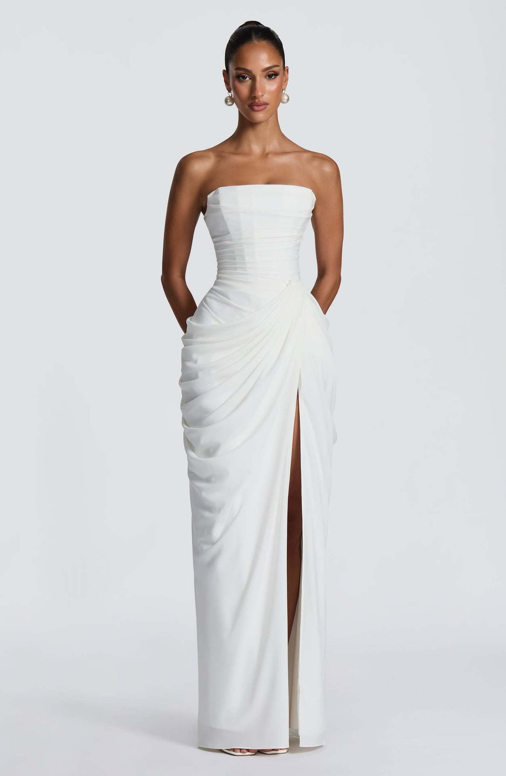 Damen Elegantes Langarm Abendkleid mit asymmetrischer Drapierung und schmalem Schlitz ShopNory