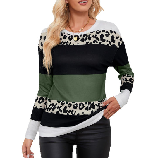 Damen Gestreiftes Langarm-Strickshirt mit Leoprint-Einsätzen und Rundhalsausschnitt Shop Nory