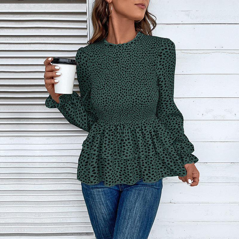 Damen Gesmokte Volant-Bluse mit Rüschen-Taille und langen Ärmeln Shop Nory