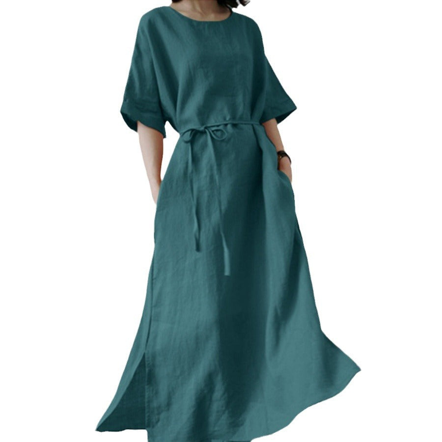 Damen Leinenmaxikleid mit weit geschnittenen Ärmeln und Taillengürtel