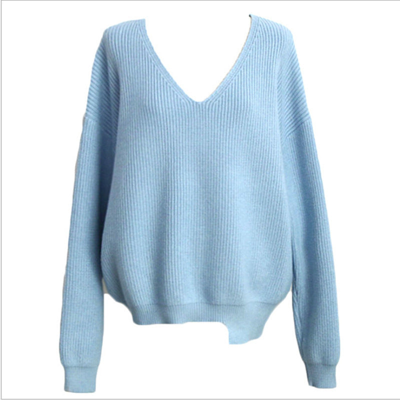 Damen lässiger Strickpullover mit V-Ausschnitt und weit geschnittenen Ärmeln