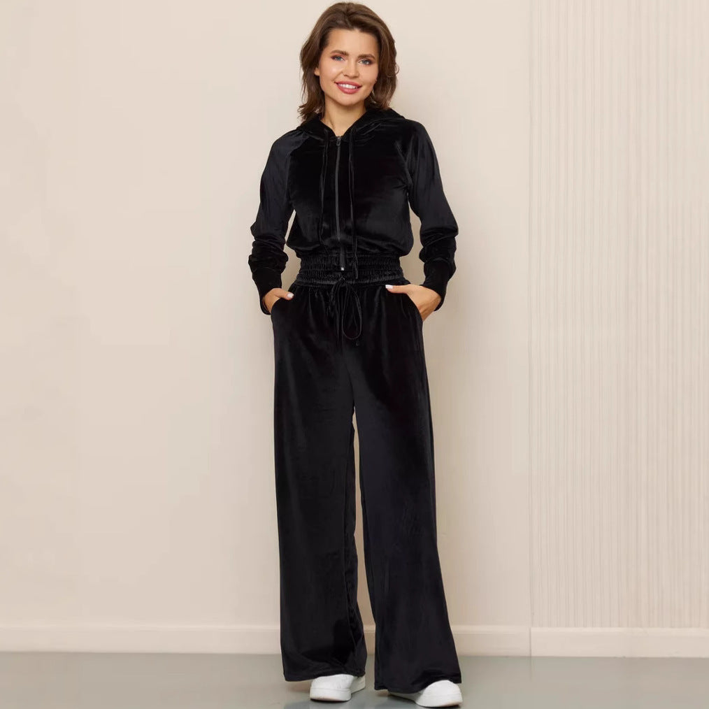 Damen luxuriöses Velours-Lounge-Set mit kurzem Reißverschluss-Hoodie und weitem Comfort-Hose Shop Nory