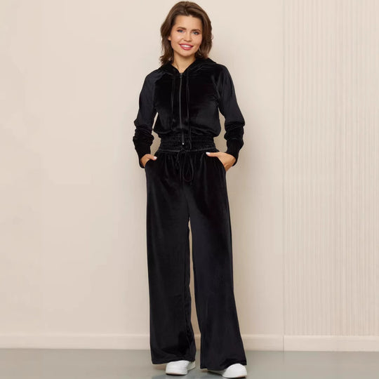 Damen luxuriöses Velours-Lounge-Set mit kurzem Reißverschluss-Hoodie und weitem Comfort-Hose Shop Nory