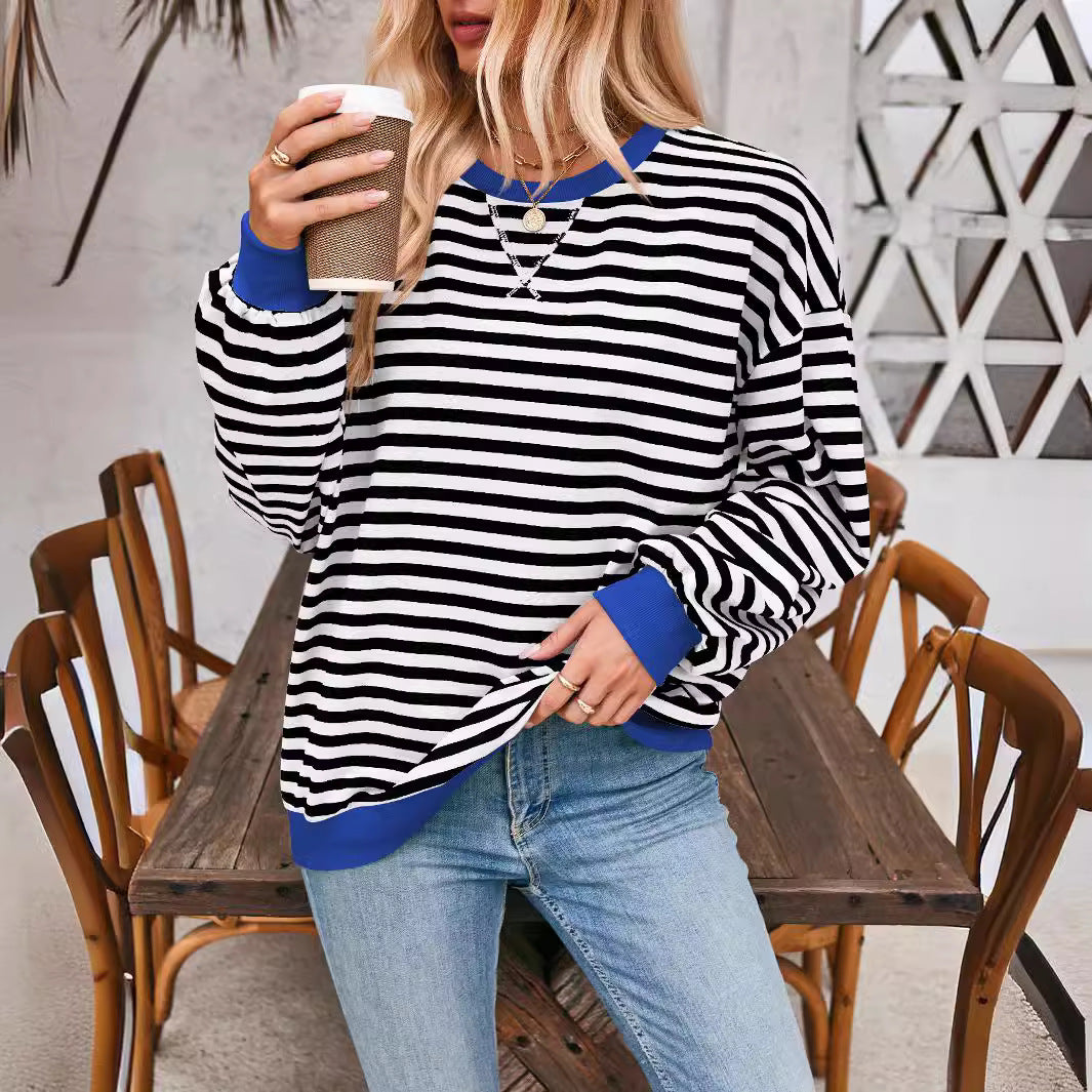 Damen lässiger Oversized Sweatshirt mit bunten Streifen und Kapuzenkordel