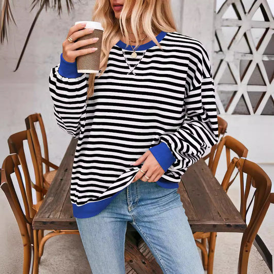 Damen lässiger Oversized Sweatshirt mit bunten Streifen und Kapuzenkordel