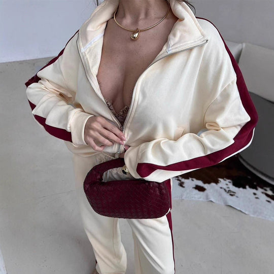 Damen weites Zip-Sweatset mit Kapuze, hohen Bund und seitlichem Kontraststreifen Shop Nory