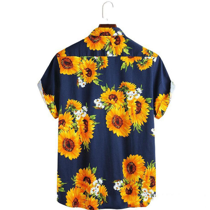 Herren Kurzarmhemd mit farbenfrohem Sonnenblumenmuster und leichtem Baumwollstoff