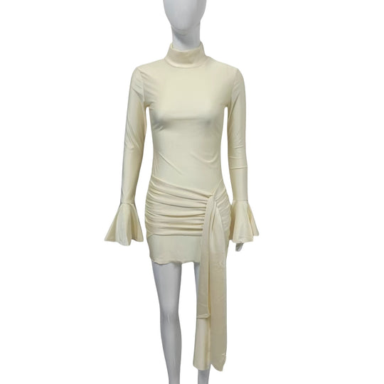 Damen Enganliegendes Mini-Kleid mit Rollkragen, Raffung, Bindeschal und Glockenärmeln Shop Nory