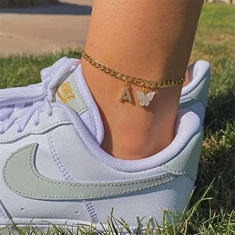 Damen Fußkettchen mit eleganten Glitzer- und Schmetterlingsanhängern Shop Nory
