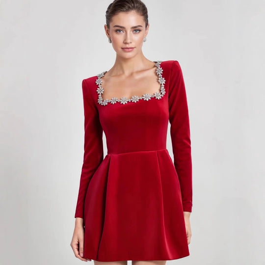 Damen Samtkleid mit taillierter Korsage, quadratischem Ausschnitt und floraler Zierkante Shop Nory