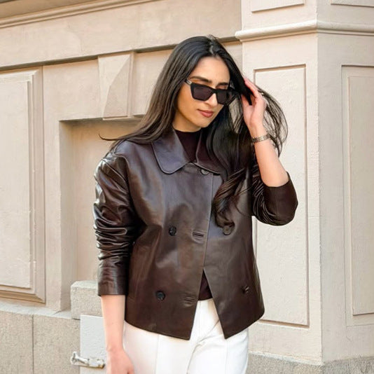 Damen Kurzjacke aus glattem Nappaleder im Doppelreiher mit Hemdkragen Shop Nory