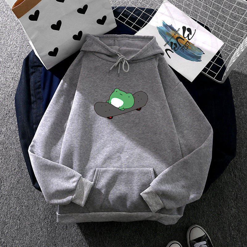 Unisex nan Kapuzenpullover mit Skater-Frosch-Print, weichem Fleece-Innenfutter und Kängurutasche Shop Nory