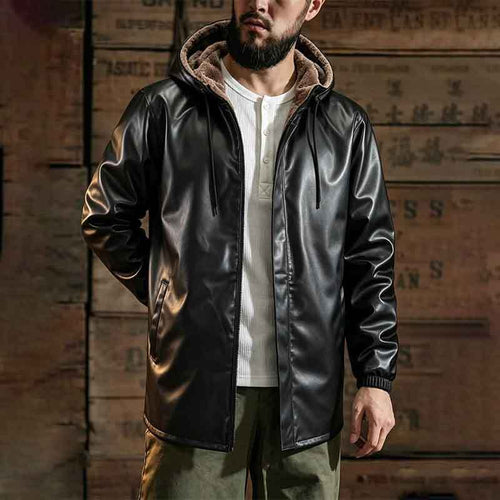 Herren Modische Kunstlederjacke mit Kapuze und Fleecefutter Shop Nory
