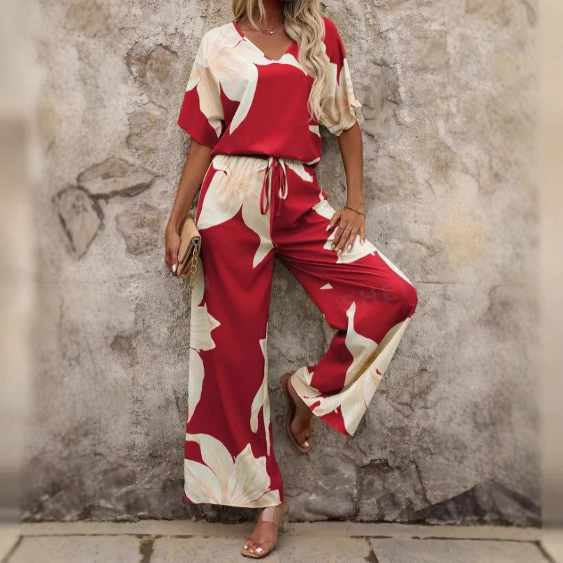 Damen luftiger Hosenanzug mit floralem Print und elastischem Bund