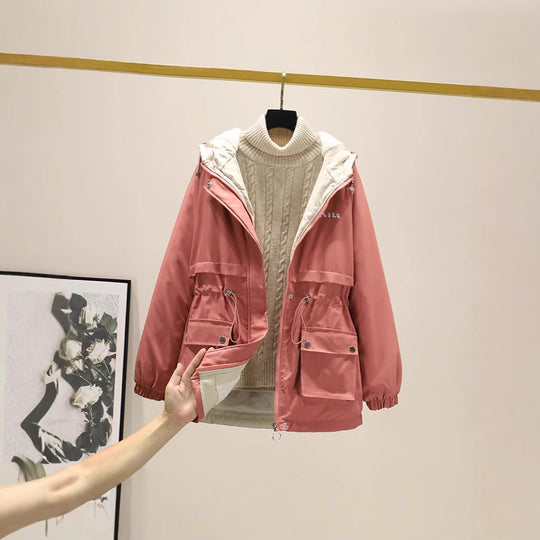 Damen gefütterte Parka-Jacke mit Kapuze und verstellbarem Taillenzug Shop Nory
