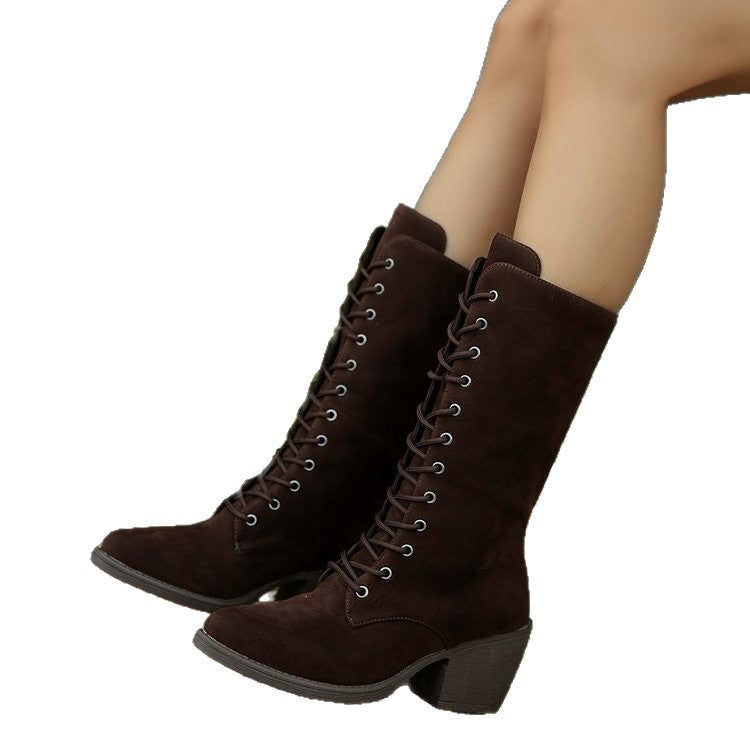Damen Elegante Schnürstiefel aus Veloursoptik mit mittelhohem Schaft und komfortablem Blockabsatz Shop Nory