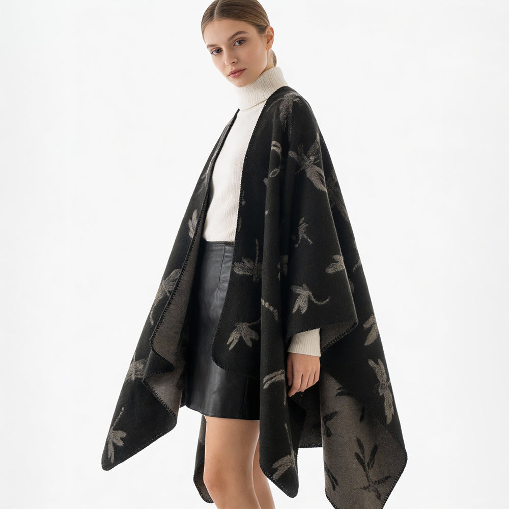 Damen Reversibler Cape-Poncho mit Libellen-Jacquard und feinem Saum Shop Nory
