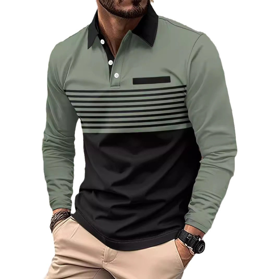 Herren nan langärmliges Poloshirt mit kontrastierendem Hemdkragen, dezenter Brustpaspel und feinem Streifenrelief Shop Nory