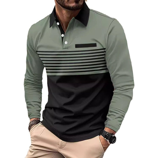 Herren nan langärmliges Poloshirt mit kontrastierendem Hemdkragen, dezenter Brustpaspel und feinem Streifenrelief Shop Nory